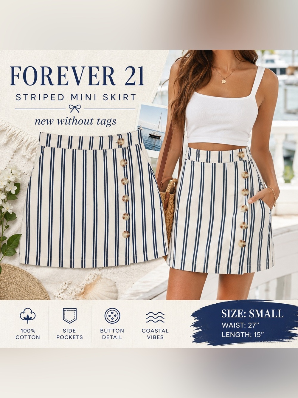 Forever 21 Striped Button Front Mini Skirt NWT Style Cottagecore Coastal  Size S